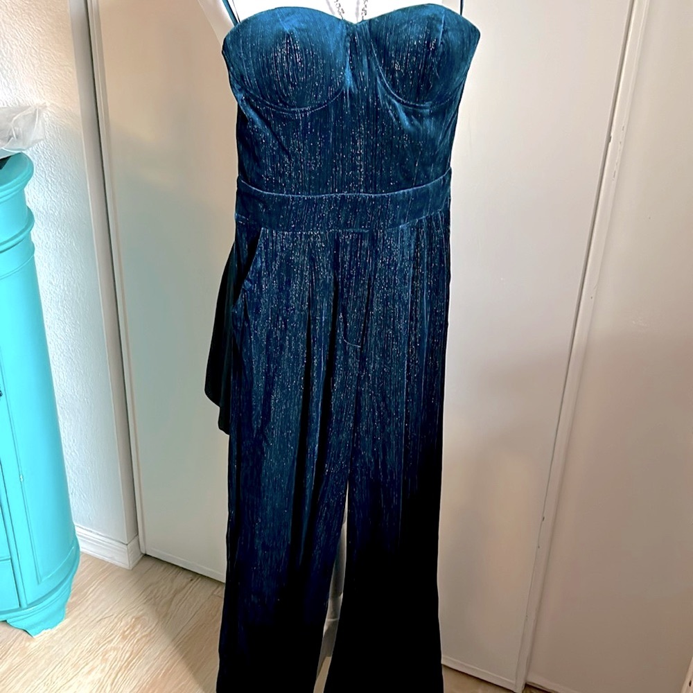 New Main Strip Rhinestone Halter Strapless Sweetheart Neck Teal Velvet Jumpsuit